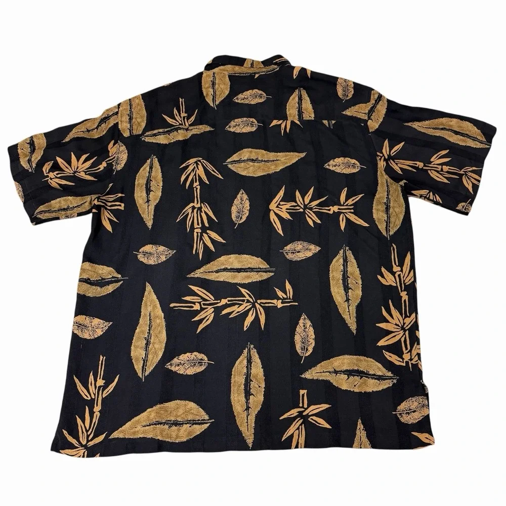 Tori Richard Silk‎ Hawaiian Shirt Black Tan Leaf Print Camp Collar XL Men